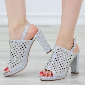 Sparkly Rhinestone Glitter Silver Platform High Heels Open Toe Party Shoes